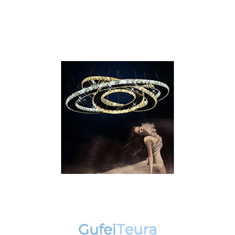 תאורת תליון קריסטל נברשת תקרת גופי תאורה עם לבן חם וקריר 3 טבעות