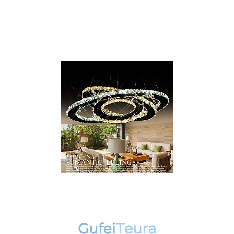 תאורת תליון קריסטל נברשת תקרת גופי תאורה עם לבן חם וקריר 3 טבעות