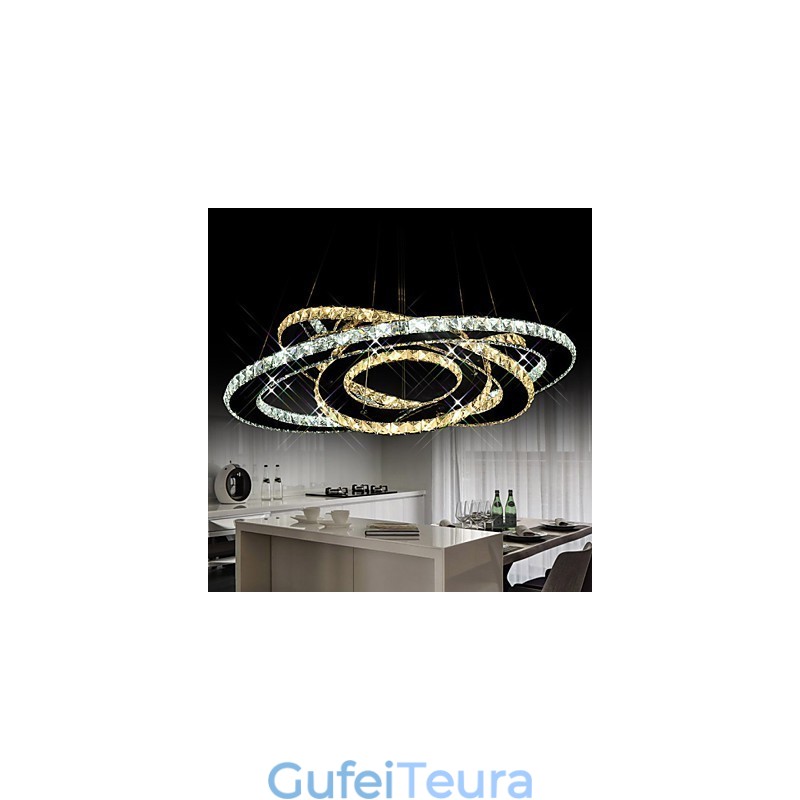 תאורת תליון קריסטל נברשת תקרת גופי תאורה עם לבן חם וקריר 3 טבעות