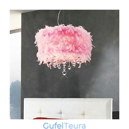 אור תליון קריסטל עם 5 נורות בגוון נוצות ורוד