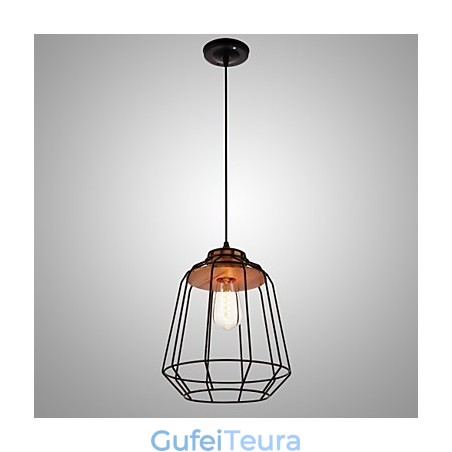 אור תליון לציור ברזל עם מנורת תאורת כלוב ברזל מרכזי מעץ