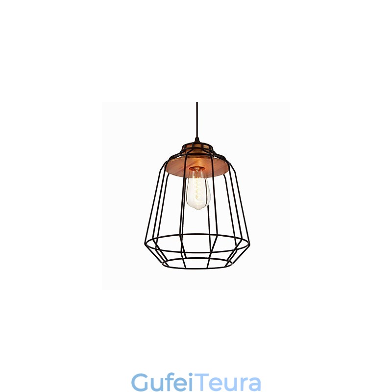 אור תליון לציור ברזל עם מנורת תאורת כלוב ברזל מרכזי מעץ