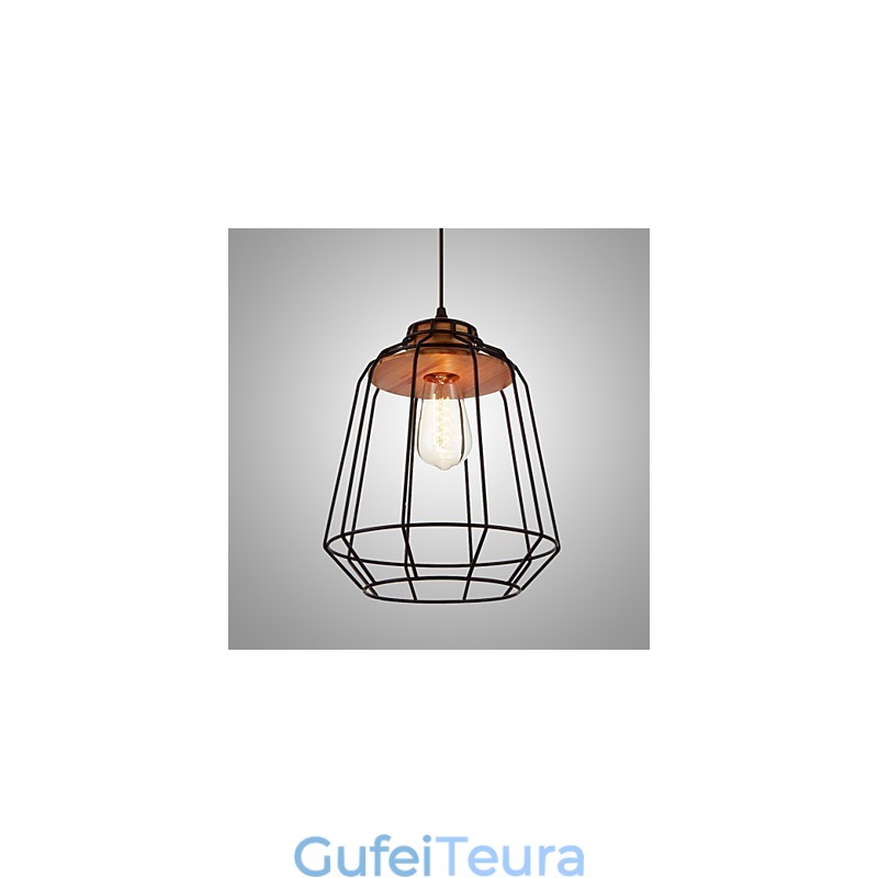 אור תליון לציור ברזל עם מנורת תאורת כלוב ברזל מרכזי מעץ