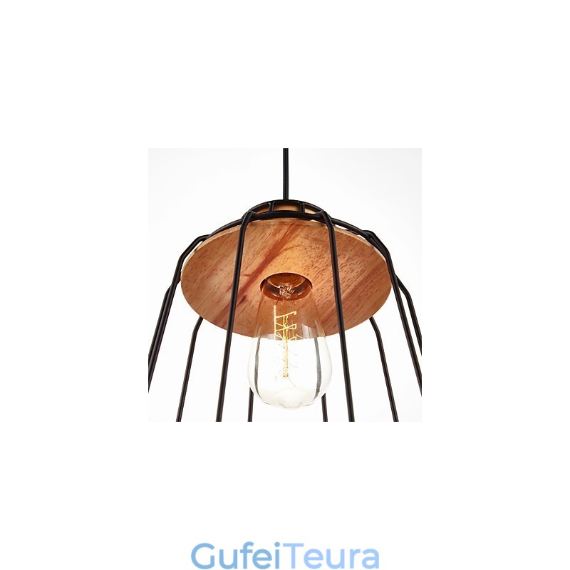 אור תליון לציור ברזל עם מנורת תאורת כלוב ברזל מרכזי מעץ