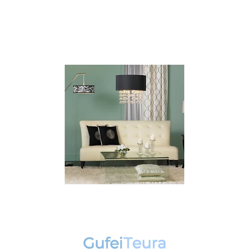 אור תליון מודרני עם 7 נורות וגוון תוף בד שחור (בסיס)