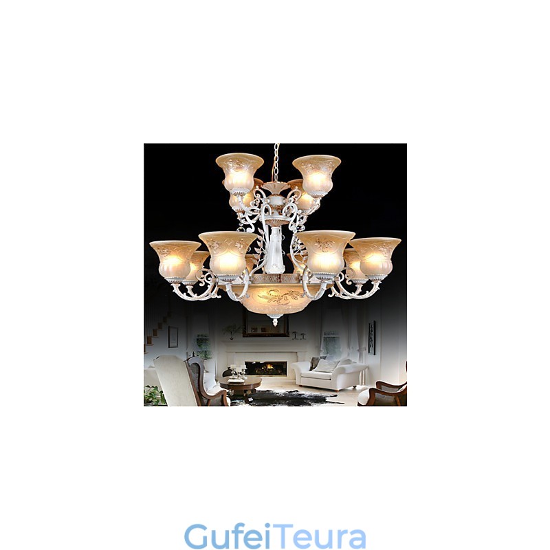 נברשת לבנה חמש עשרה אורות דפוס זכוכית גוון יד מוזהב אירופאי רטרו קלאסי