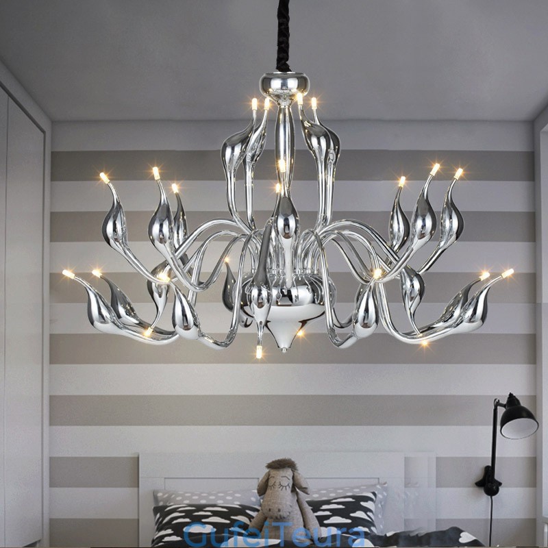 24 אורות מודרנית Swan Chandelier Light G4 נורת ציפוי כרום כלולה