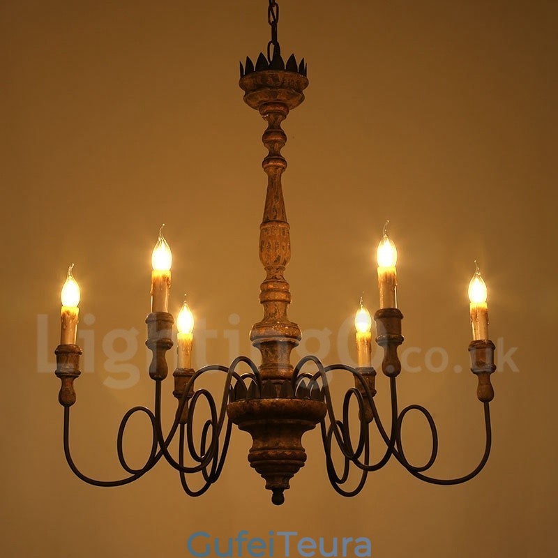 Country Vintage Wooden 6 Light Chandelier Light
