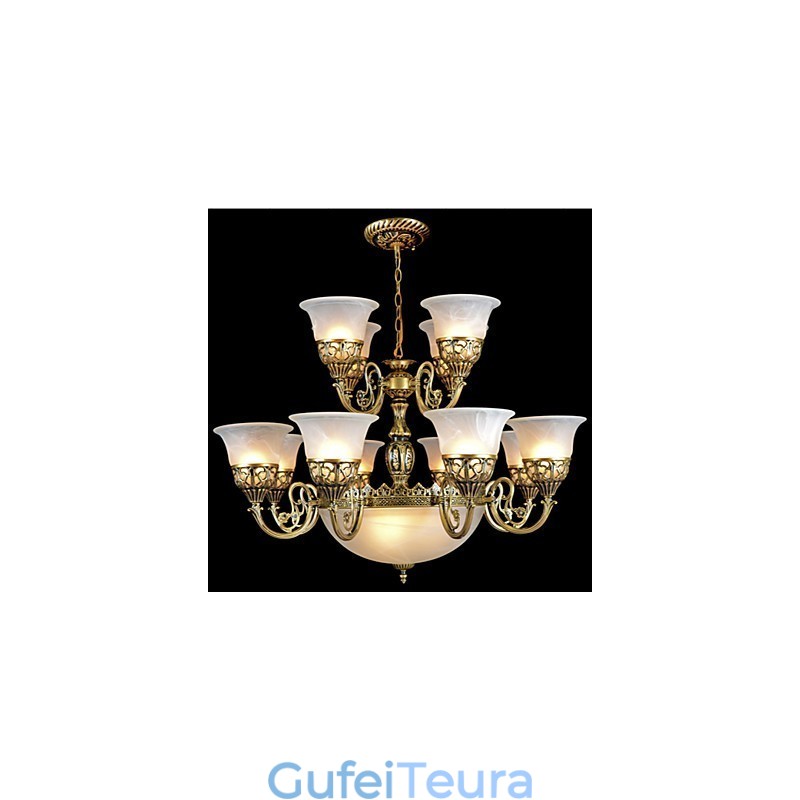 נברשת ברונזה חמש עשרה אורות Moire Glass אירופאי רטרו קלאסי