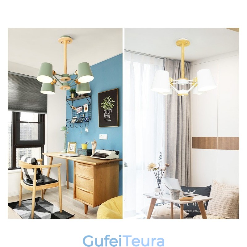 4 אור רב צבעים Macaron עץ וינטג' ציור תכונה נברשת מתכת