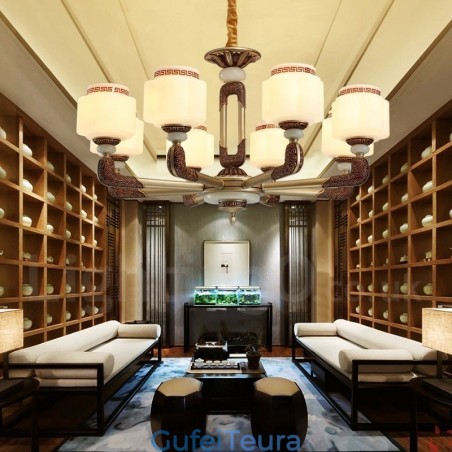 8 אור רטרו מסורתי סגסוגת אבץ נברשת לובי יוקרתית עם גוון זכוכית