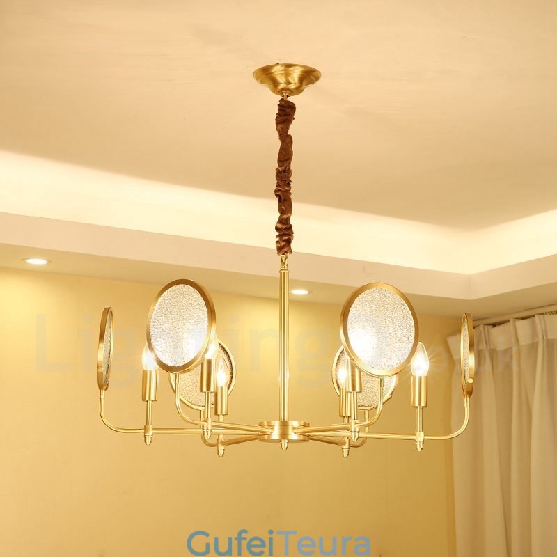 נברשת מנורת תליון פליז רטרו כפרי יוקרתי רטרו 6 אור עם גוון זכוכית