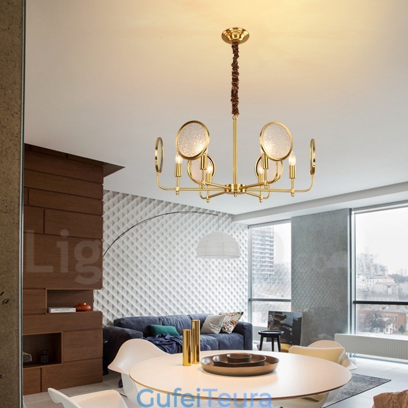 נברשת מנורת תליון פליז רטרו כפרי יוקרתי רטרו 6 אור עם גוון זכוכית