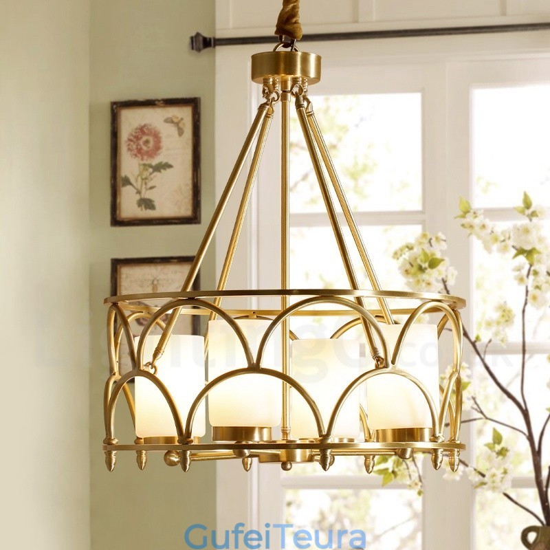 נברשת תליון מנורת פליז רטרו כפרי יוקרתי רטרו 4 אור עם גוון זכוכית