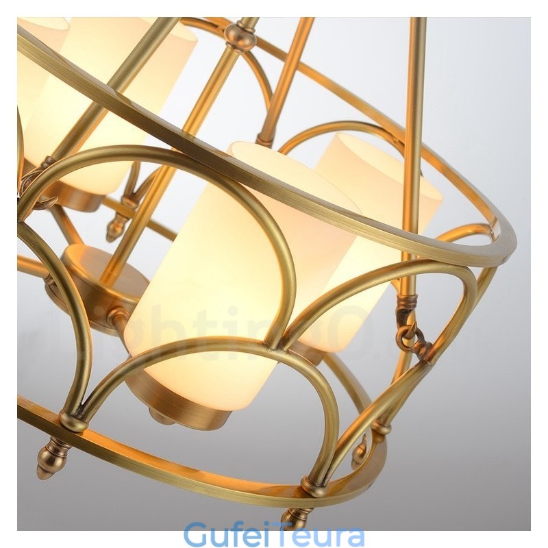 נברשת תליון מנורת פליז רטרו כפרי יוקרתי רטרו 4 אור עם גוון זכוכית