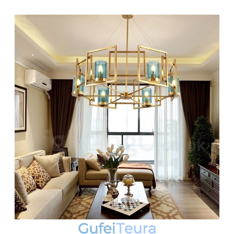 נברשת תליון מנורת פליז רטרו כפרי יוקרתי רטרו 6 אור עם גוון זכוכית