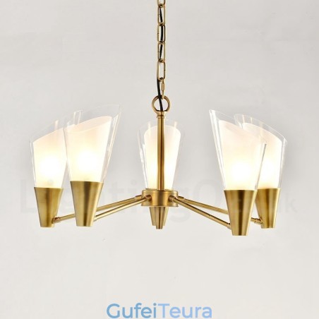 נברשת מנורת תליון פליז רטרו כפרי יוקרתי רטרו 5 אור עם גוון זכוכית