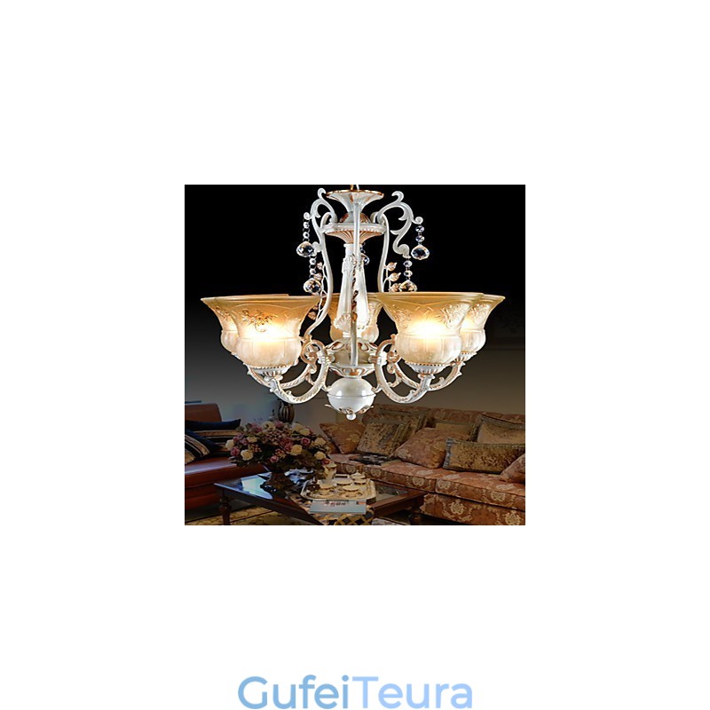 נברשת לבנה חמש אורות דפוס זכוכית גוון יד מוזהב אירופאי רטרו קלאסי