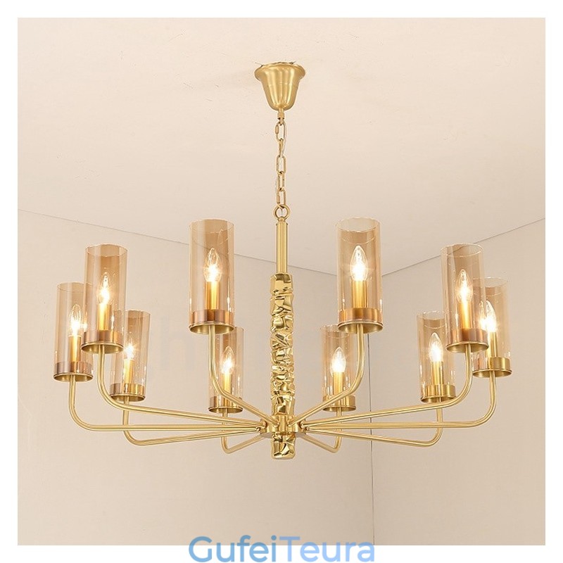 נברשת מודרנית עכשווית 10 פליז בהיר עם גוון זכוכית