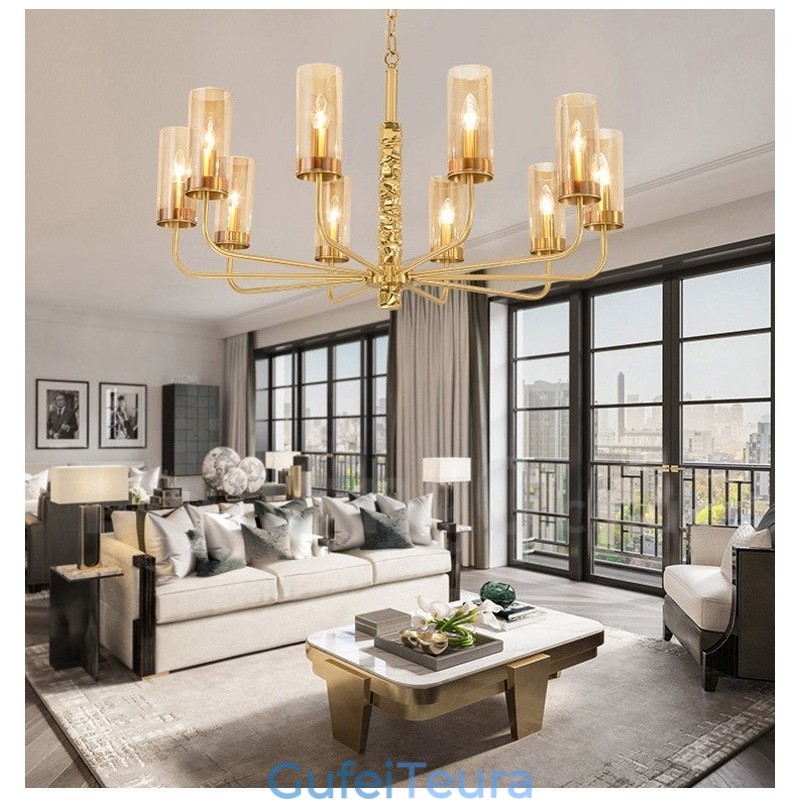 נברשת מודרנית עכשווית 10 פליז בהיר עם גוון זכוכית