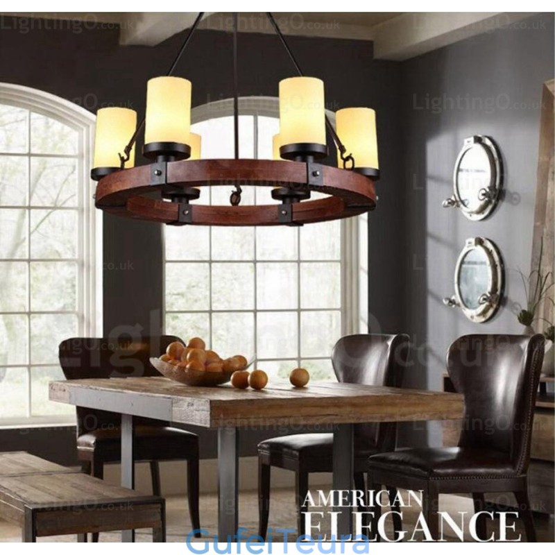 תאורת תליון כפרית כפרית 6 אור עם גוון זכוכית