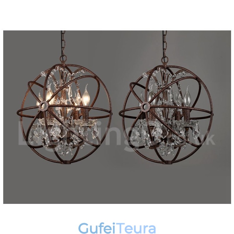 4 קוטר אור 40 ס"מ ציור גלובוס קריסטל בציר מתכת נברשת צבע חלוד תליון אור