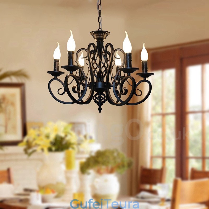 6 אור כפרי רטרו וינטג' תליון נר שחור לבן נברשת