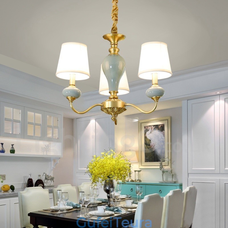 פליז טהור יוקרתי כפרי רטרו וינטג' פליז קרמיקה תליון נברשת נר עם גווני בד