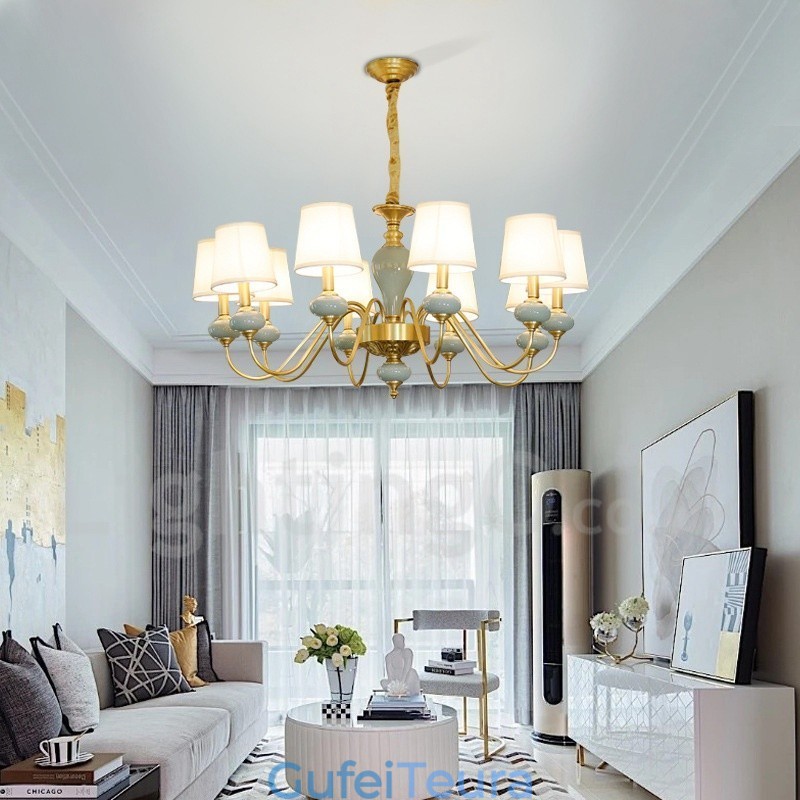 פליז טהור יוקרתי כפרי רטרו וינטג' פליז קרמיקה תליון נברשת נר עם גווני בד