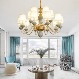 פליז טהור יוקרתי כפרי רטרו וינטג' פליז קרמיקה תליון נברשת נר עם גווני בד