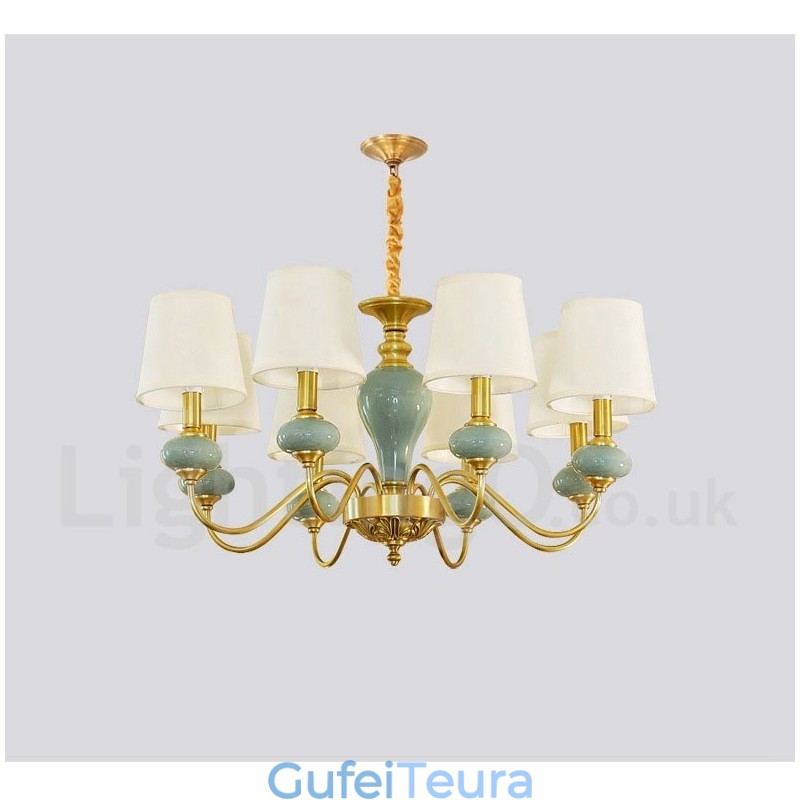 פליז טהור יוקרתי כפרי רטרו וינטג' פליז קרמיקה תליון נברשת נר עם גווני בד