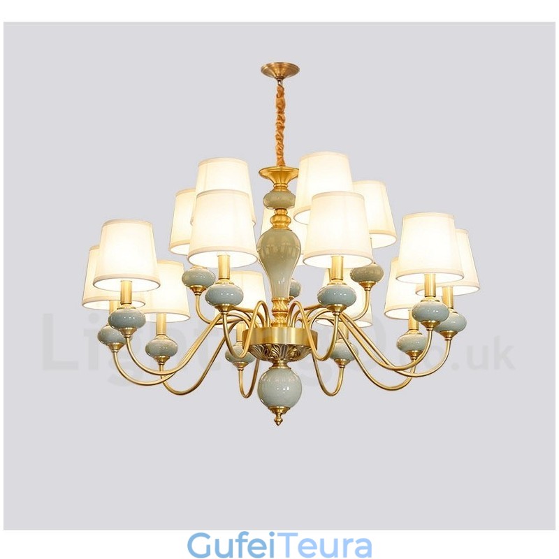 פליז טהור יוקרתי כפרי רטרו וינטג' פליז קרמיקה תליון נברשת נר עם גווני בד