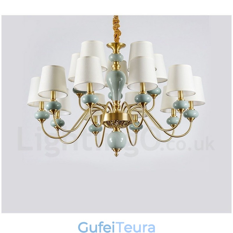 פליז טהור יוקרתי כפרי רטרו וינטג' פליז קרמיקה תליון נברשת נר עם גווני בד