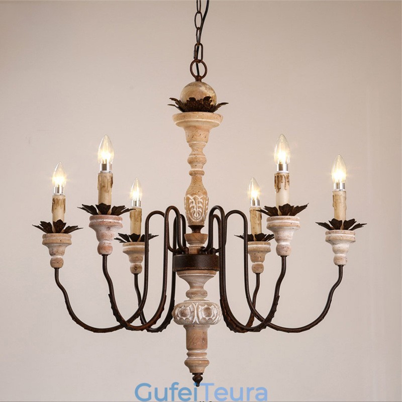 Country Vintage Wooden 6 Light Chandelier Light