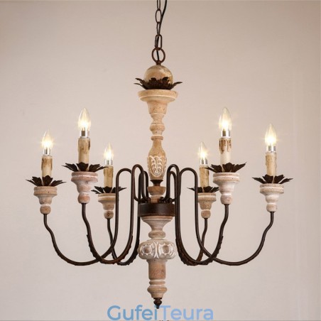 Country Vintage Wooden 6 Light Chandelier Light