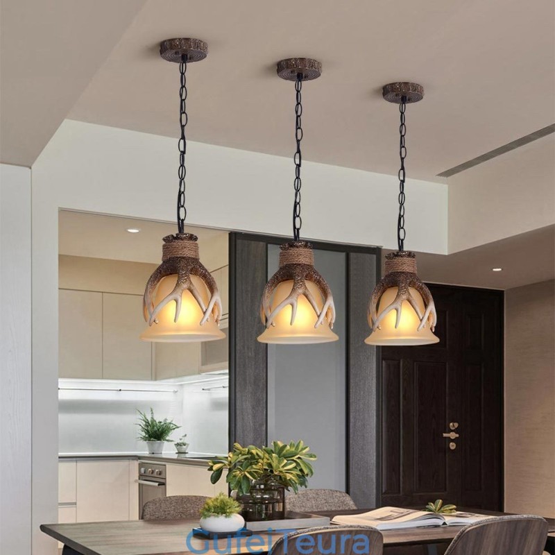 אור אחד כפרי אומנותי רטרו Antler עתיק תליון אור עם גוון זכוכית