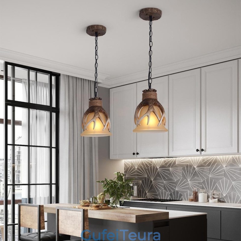 אור אחד כפרי אומנותי רטרו Antler עתיק תליון אור עם גוון זכוכית