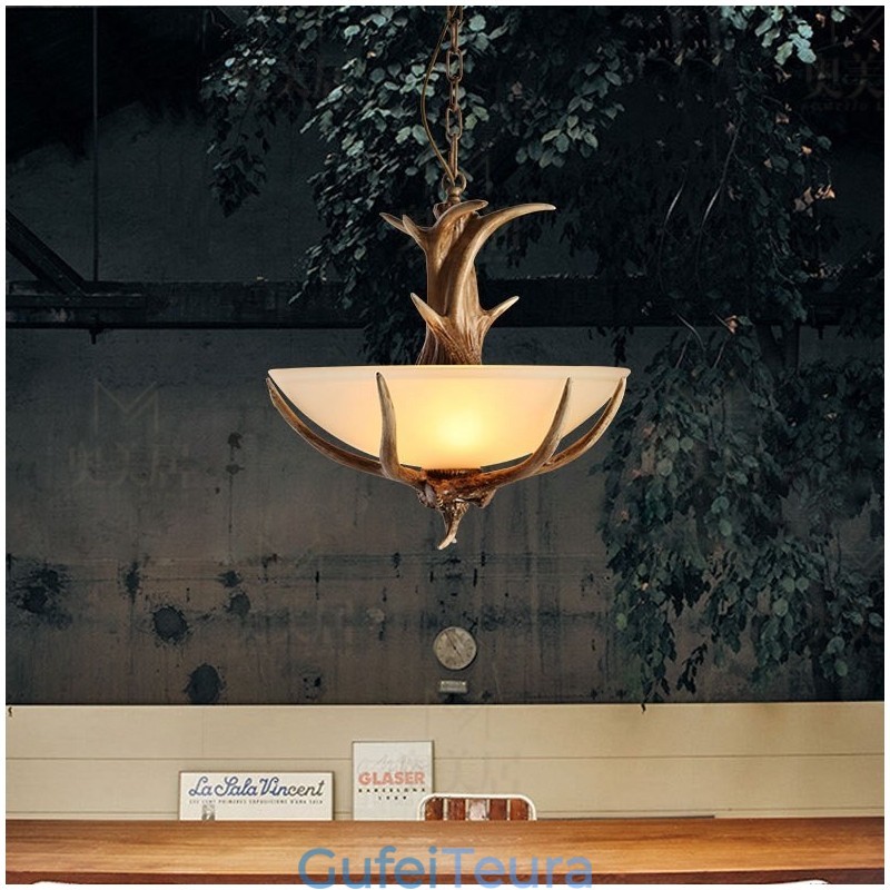 אור אחד כפרי אומנותי רטרו Antler עתיק תליון אור עם גוון זכוכית
