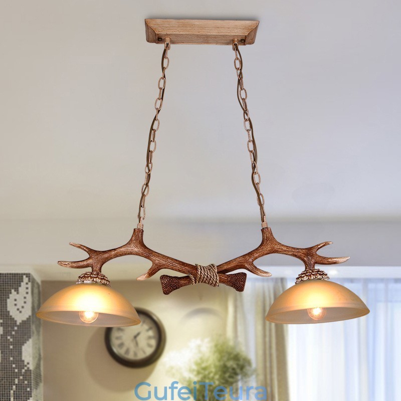 2 חום בהיר כפרי אומנותי רטרו Antler עתיק תליון אור עם גוון זכוכית