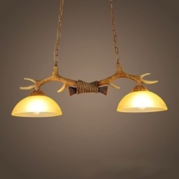 2 חום בהיר כפרי אומנותי רטרו Antler עתיק תליון אור עם גוון זכוכית