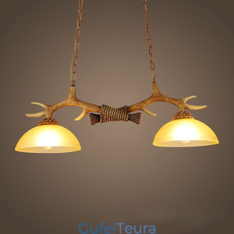 2 חום בהיר כפרי אומנותי רטרו Antler עתיק תליון אור עם גוון זכוכית