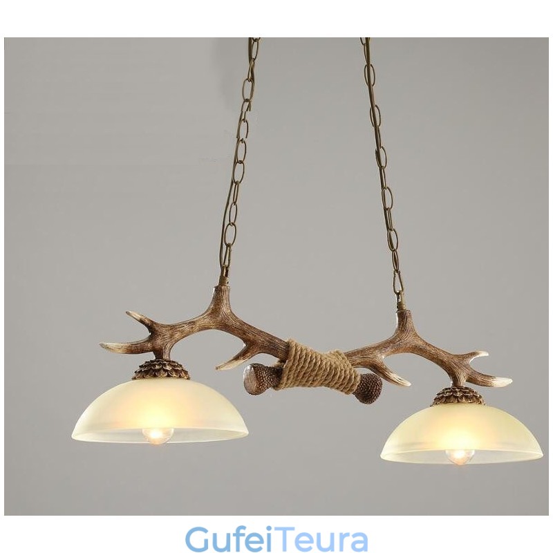 2 חום בהיר כפרי אומנותי רטרו Antler עתיק תליון אור עם גוון זכוכית