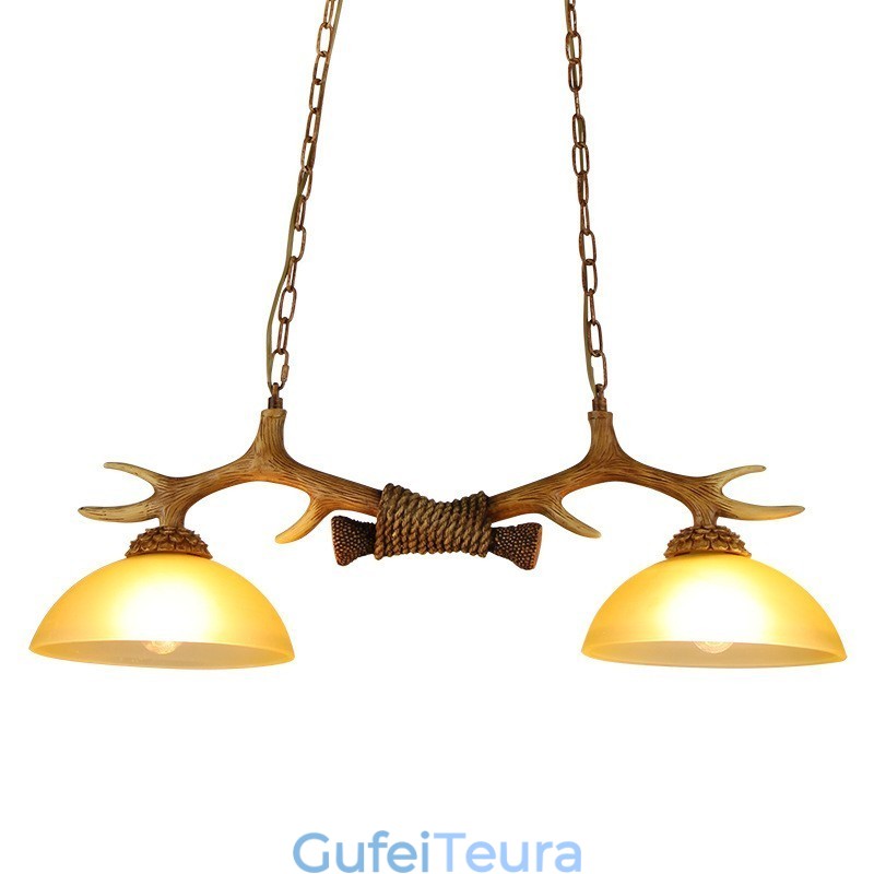 2 חום בהיר כפרי אומנותי רטרו Antler עתיק תליון אור עם גוון זכוכית