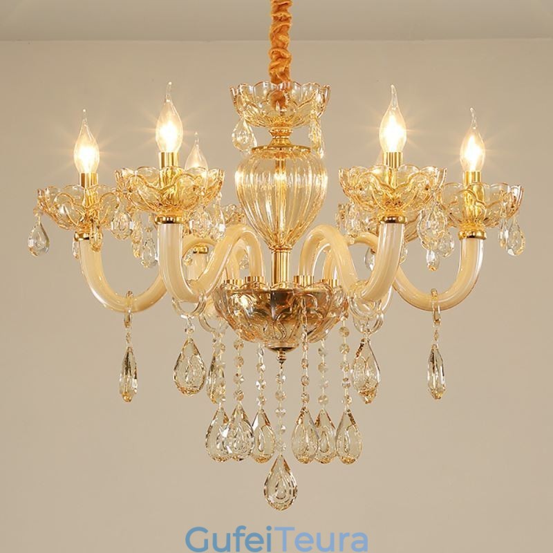 נברשת קריסטל מדהימה בצבע קוניאק אירופאי אור תקרה גוף זכוכית 8 אורות