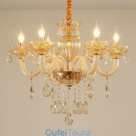 נברשת קריסטל מדהימה בצבע קוניאק אירופאי אור תקרה גוף זכוכית 8 אורות