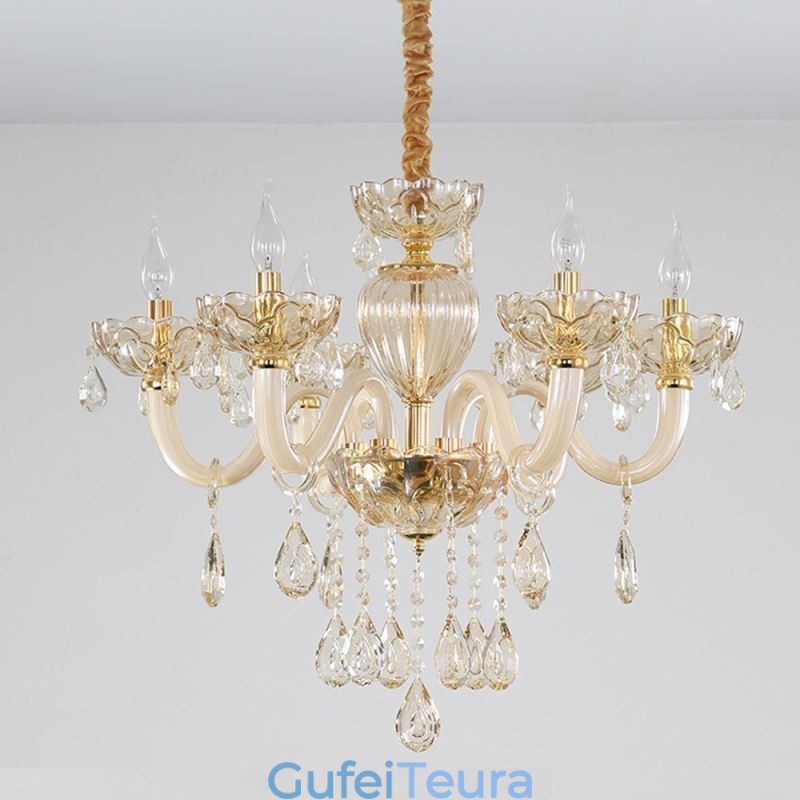 נברשת קריסטל מדהימה בצבע קוניאק אירופאי אור תקרה גוף זכוכית 8 אורות