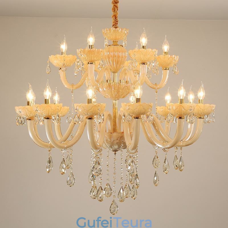 נברשת קריסטל יוקרתית בצבע קוניאק אירופאי מנורת תקרה זכוכית גוף כפול שכבה 12+6 אורות