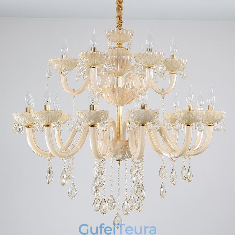 נברשת קריסטל יוקרתית בצבע קוניאק אירופאי מנורת תקרה זכוכית גוף כפול שכבה 12+6 אורות