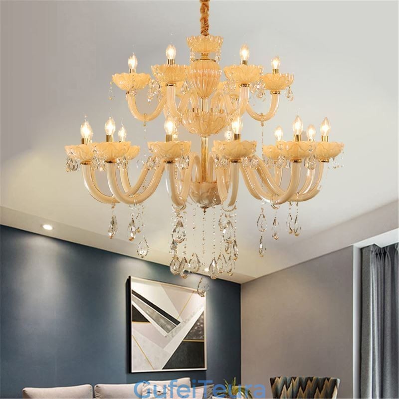 נברשת קריסטל יוקרתית בצבע קוניאק אירופאי מנורת תקרה זכוכית גוף כפול שכבה 12+6 אורות