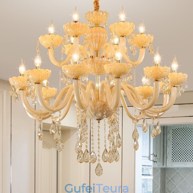 נברשת קריסטל יוקרתית בצבע קוניאק אירופאי מנורת תקרה זכוכית גוף כפול שכבה 12+6 אורות